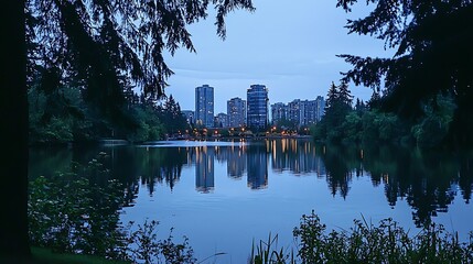Obraz premium A city skyline is reflected in the water of a lake