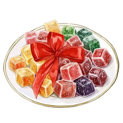Watercolor Haft sin colored Sweets and Sugar Candies with red ribbon white plate. Traditional Persian New Year, isolated on a white background. Nowruz vector design set	
