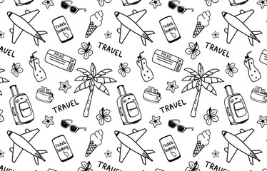 Seamless travel background. Hand drawn summer vacation, trip. Doodles travel bag, plane, ticket, ticket booking, palm tree, ice cream, sunglasses, soda. Black and white pattern with travel items.