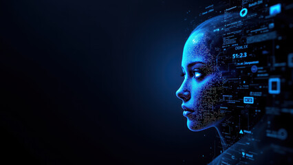 A digital illustration of a human head with cybernetic elements, representing cybersecurity and advanced technology integration.