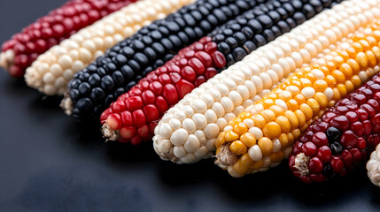 Close-up of Ripe Multicolored Corn Cobs Glistening in Sunlight