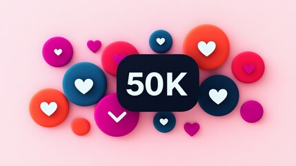 Social Media 50K Celebration, Likes And Comments Icons On A Trendy Pastel Background, 3D Render
