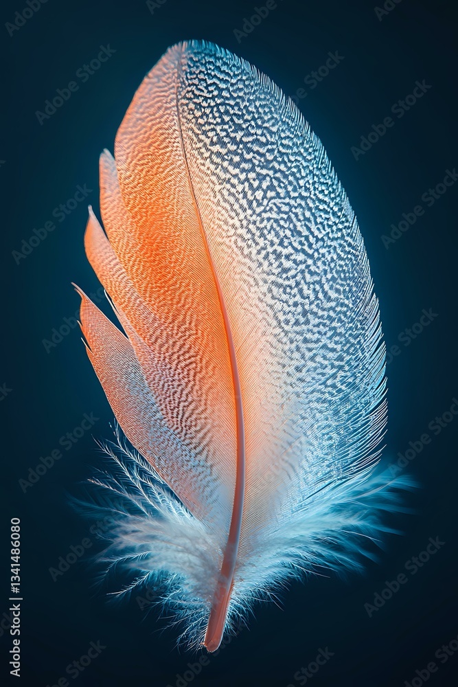 Poster delicate white and coral feather with intricate natural patterns on dark blue background showcases d