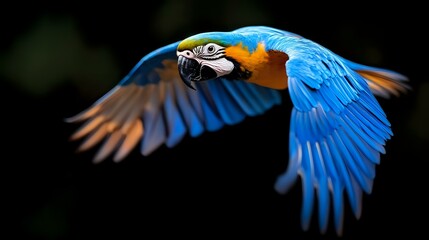 Fototapeta premium Blue and gold macaw in flight against dark background showcasing vibrant wing spread and natural grace, dramatic lighting highlights feather detail and motion.