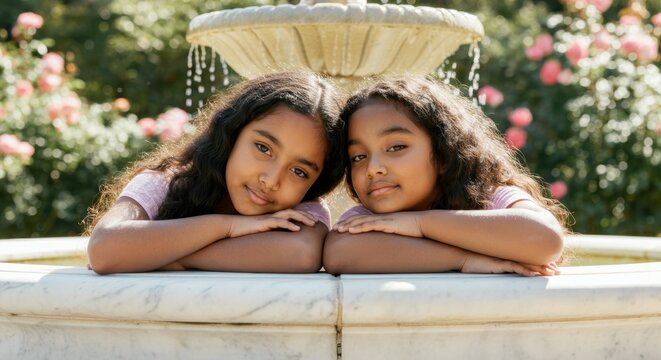 Young asian twin girls relaxing by marble fountain in sunny garden