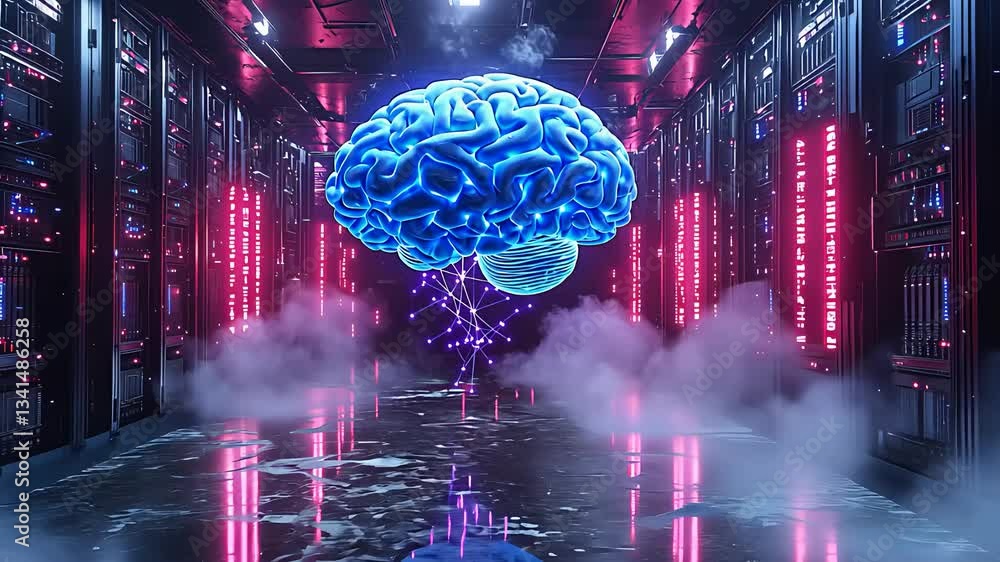 Poster 3d digital brain floating in a futuristic data center with glowing neon lights and fog.