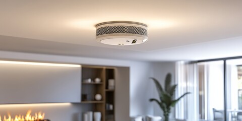 Modern Interconnected Smoke Alarm System on a Ceiling in a Brightly Lit Residential Home