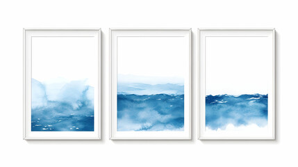 Three framed watercolor paintings depicting a calm ocean scene with subtle blue and white tones.
