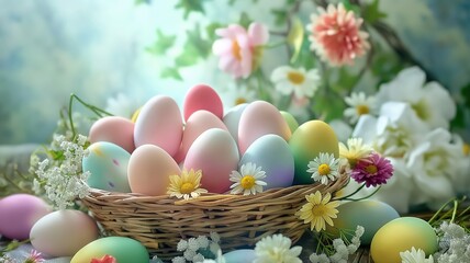 colorful easter eggs in basket with flowers, copy space for text 
