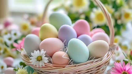 colorful easter eggs in basket with flowers, copy space for text 