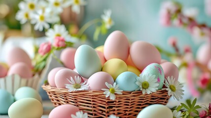 colorful easter eggs in basket with flowers, copy space for text 