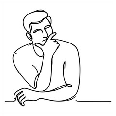 A continuous one-line drawing of a man in a thinking pose, symbolizing decision-making and problem-solving. The minimalist vector illustration capture