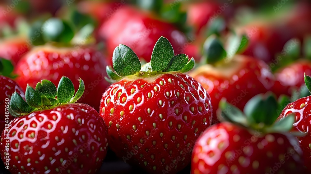 Poster fresh ripe strawberries with green leaves in macro shot showing detailed texture and natural pattern
