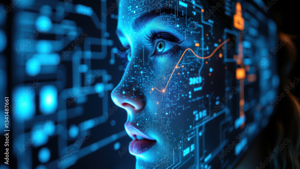 Poster a woman with an overlay of digital circuits and code on her face, representing cybersecurity or tech
