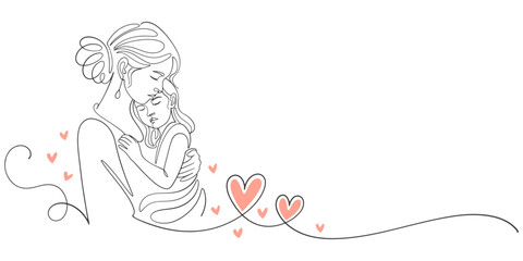 Mother hugs daughter line art style vector illustration, mothers day celebration illustration