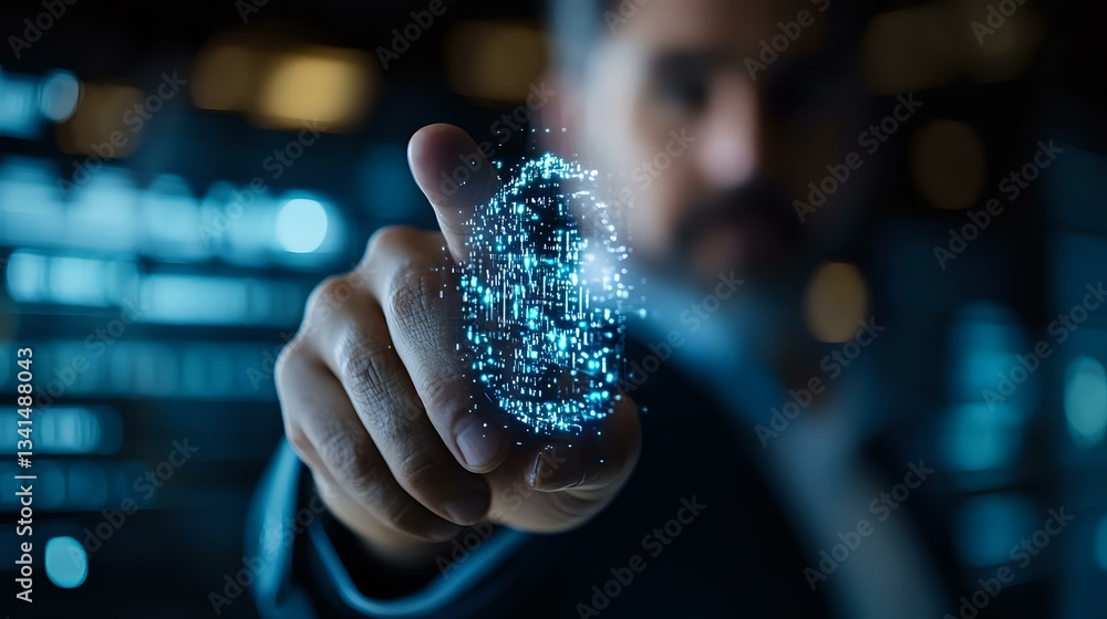 Poster digital fingerprint scan with glowing blue biometric data points floating above male finger in dark 