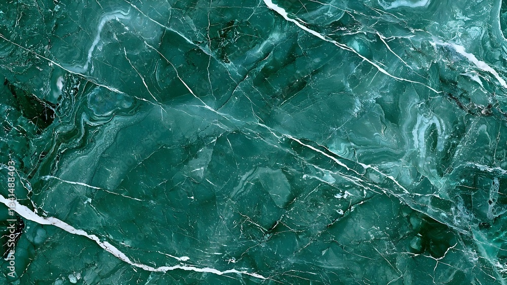 Poster a close-up of a green marble surface with intricate patterns and white veins running through it. con