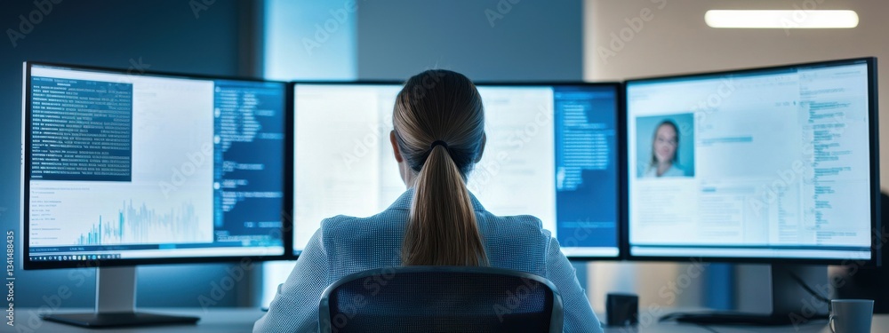 Aufkleber professional analyst using multiple computer monitors for data review
