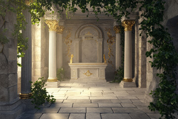 A mysterious ancient Greek temple interior 3D background room with massive marble columns, golden statues of gods, intricate frescoes depicting legendary battles, a sacred altar glowing with divine