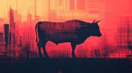 Silhouette of a Bull Against a Red Abstract Cityscape