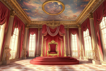 A grand royal palace chamber 3D background room with an opulent golden throne, towering silk-draped windows, and an intricate ceiling painted with celestial artwork. The regal setting exudes power,