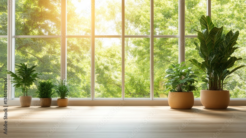 Poster a bright modern office setting featuring a large window with natural light streaming into the work e