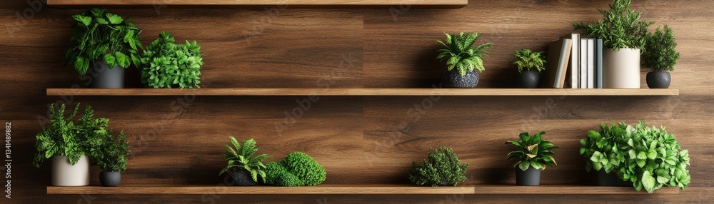 Poster a contemporary style bookshelf adorned with an abundance of green plants creating a fresh and inviti