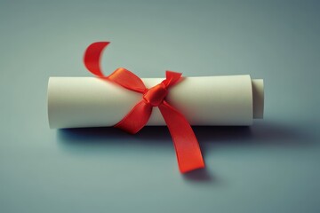 Elegant Diploma Scroll Tied with a Red Ribbon on a Soft Blue Background for Graduation or Achievement Celebrations