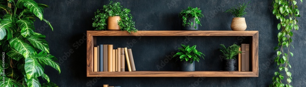 Aufkleber a contemporary-style bookshelf adorned with an interesting combination of plants and books creating 