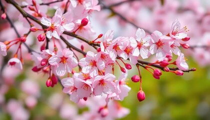 Delicate pink cherry blossoms intertwined with a red and white martenitsa, spring symbol,  nature photography, nature