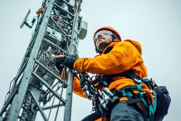 Technician climbing a cell tower to install 5G equipment, wide-angle shot, clear sky, safety gear visible 