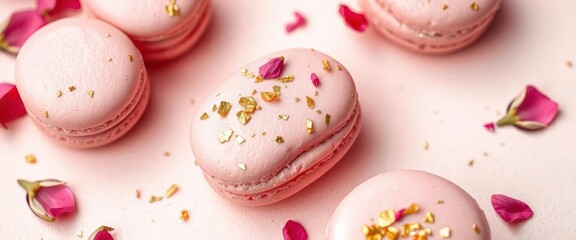 Obraz premium Delicate pink macarons adorned with edible gold flakes and rose petals, resting on a soft pastel background, aesthetic, pink