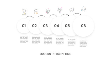 Business vector infographics with six circles and arrows. Timeline visualization with 6 steps for diagram, flowchart, banner, presentations, web, content, levels, chart, graphic