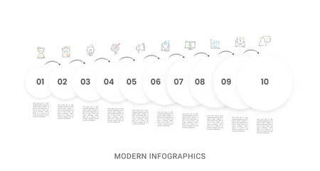 Business vector infographics with 10 circles and arrows. Timeline visualization with ten steps for diagram, flowchart, banner, presentations, web, content, levels, chart, graphic