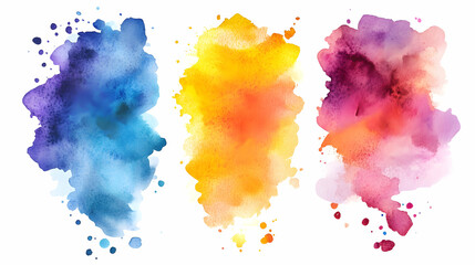 Three abstract watercolor washes with vibrant blends of blue, yellow, and pink.
