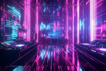 A futuristic cyber lounge 3D background room with neon holographic walls, sleek metallic furniture, and a glowing dance floor pulsing with synchronized lights. The high-tech DJ booth is surrounded by