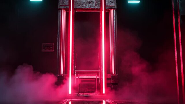 Eerie atmosphere with illuminated guillotine in a dark, misty environment at night, Dark, eerie scene featuring illuminated guillotine with red neon lights and surrounding mist