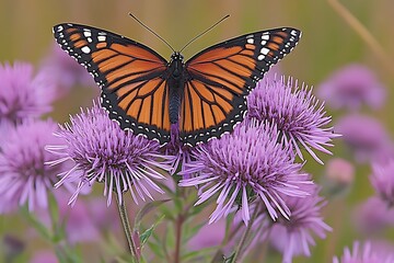 Fototapeta premium Butterfly on purple flower, natural wildlife background, beauty