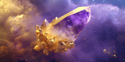 Fototapeta premium A surreal 3D background featuring an enormous floating crystal suspended in a cloud of cosmic dust. The shimmering purple and gold reflections create a mystical, otherworldly atmosphere.