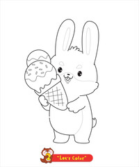 Coloring Page Outline Of cartoon cute bunny with ice cream. Animals Coloring Book for kid