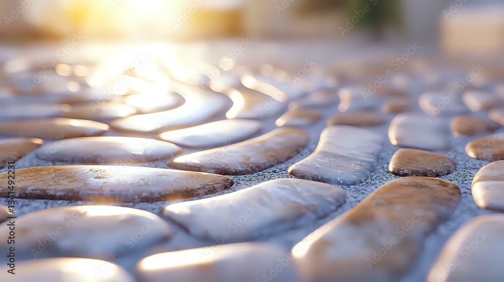 Poster sunlit cobblestone path with smooth rounded stones creating natural pattern texture, morning light c
