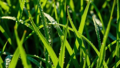 Early morning dew clinging to blades of vibrant green grass, glistening in sunlight, drops, natural