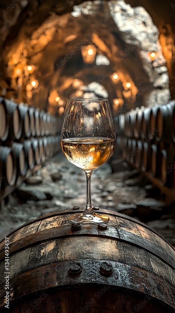 Poster glass of white wine on oak barrel in atmospheric wine cellar tunnel with rows of wooden casks and wa