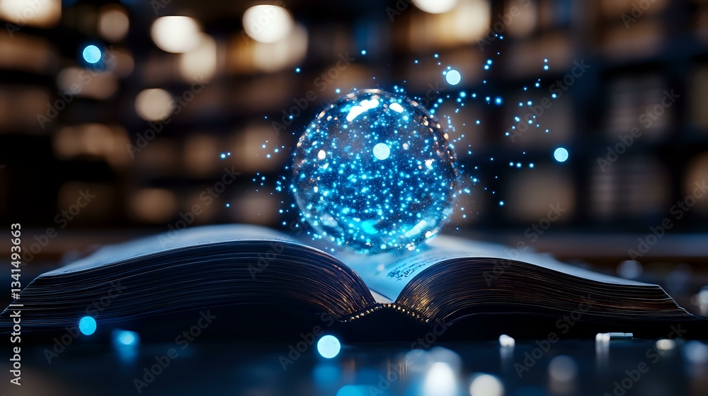 Poster magical glowing blue sphere floating over open book with sparkling light particles and bokeh effects