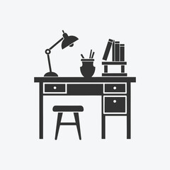 A desk featuring a lamp, books, and a chair in black and white silhouette.