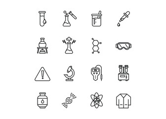 This is a set of icons for the Chemistry Lab. The icons include Test Tube, Beaker, Molecule Structure, Microscope Editable stroke. Vector illustration