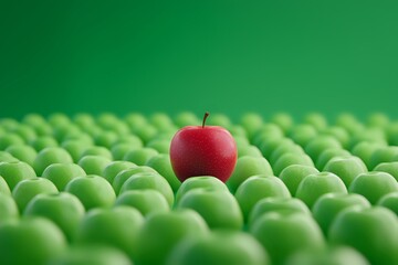 Red apple standing out among rows of green apples on green background, representing uniqueness, leadership and differentiation in business concept.