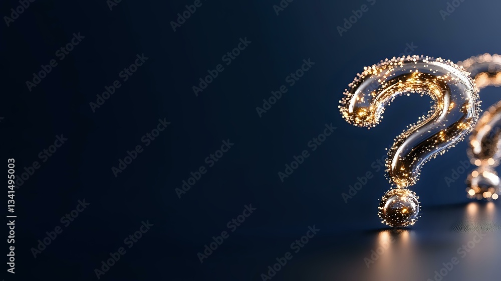 Poster golden question mark on dark background with reflective surface and dramatic lighting, symbolizing m