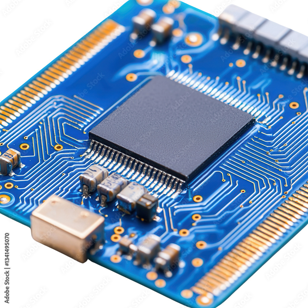 Poster close-up of a microchip on a printed circuit board. isolated on white background