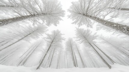 Winter Wonderland, Snow Covered Forest Canopy, Circular View From Below, Nature Background.